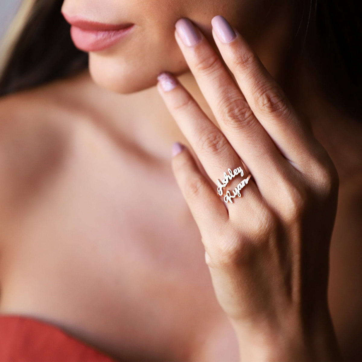 Custom Dainty Double Name Ring Gold • Two Personalized Cursive Name Rings • Women Name Jewelry