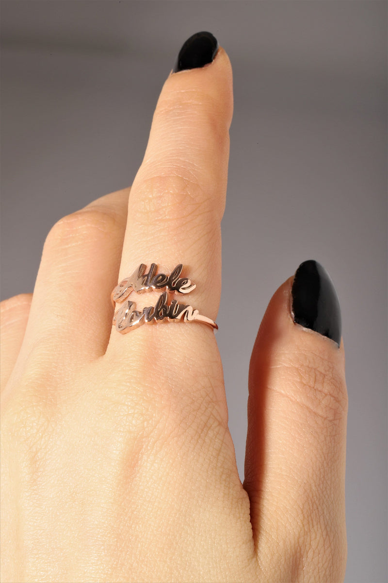 Custom Dainty Double Name Ring Gold • Two Personalized Cursive Name Rings • Women Name Jewelry