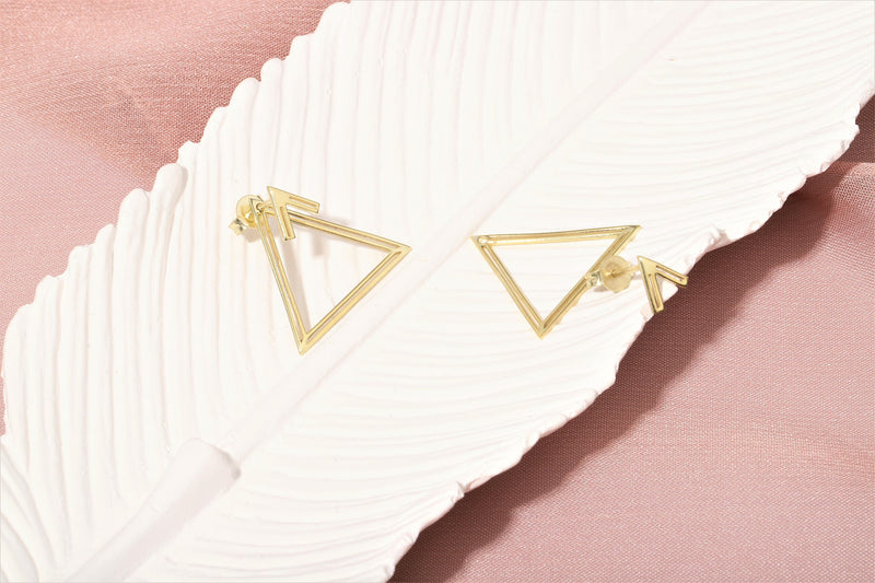 14K Gold Ear Jacket Earrings, Triangle Earring, Dainty Double Geometric Earrings, Special Design Earrings by NeckaceDreamWorld in Silver