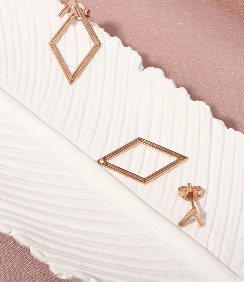 14K Rose Gold Ear Jacket Rhombus Earrings, Geometric Earring, Dainty Pair Earrings, Special Design Earrings by NeckaceDreamWorld