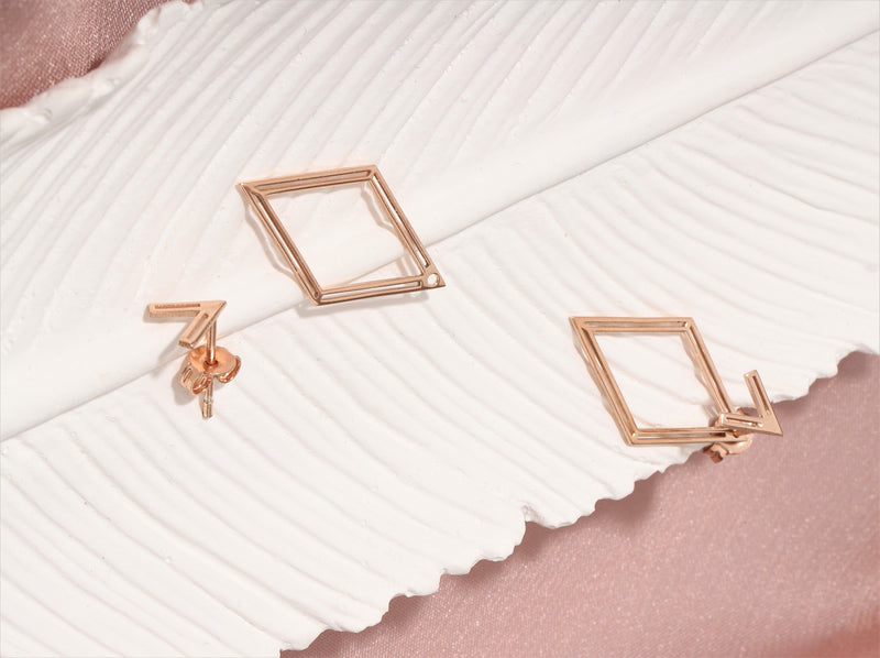 14K Rose Gold Ear Jacket Rhombus Earrings, Geometric Earring, Dainty Pair Earrings, Special Design Earrings by NeckaceDreamWorld