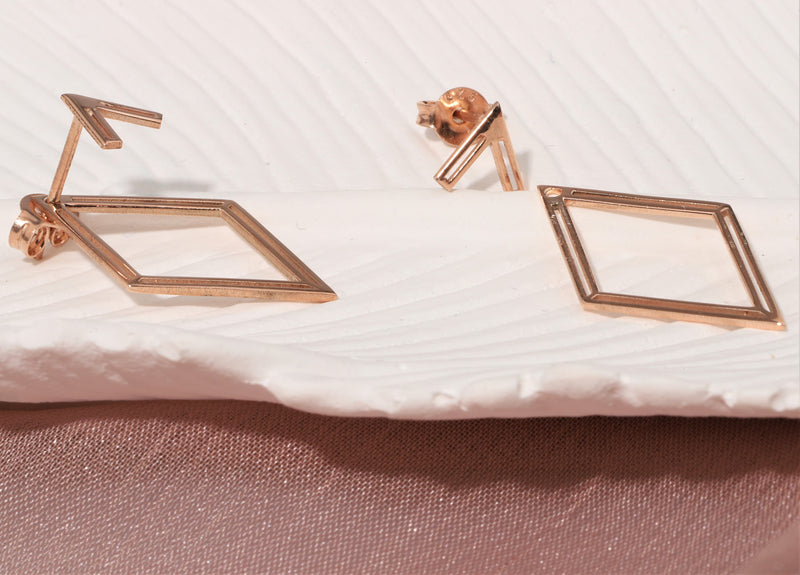 14K Rose Gold Ear Jacket Rhombus Earrings, Geometric Earring, Dainty Pair Earrings, Special Design Earrings by NeckaceDreamWorld