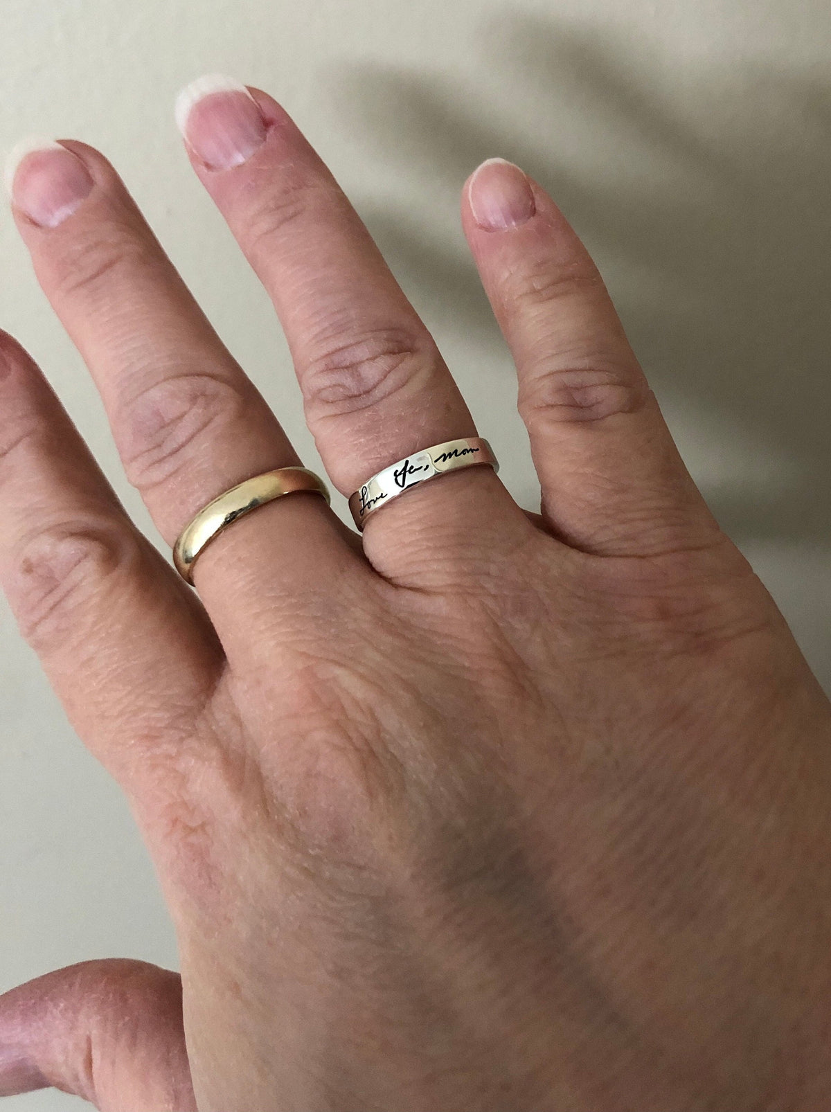 14K Gold Memorial Handwriting Ring • Actual Handwriting Wedding Bands • Custom Stacking Name Rings • Engraved Personalized Handwriting Gifts