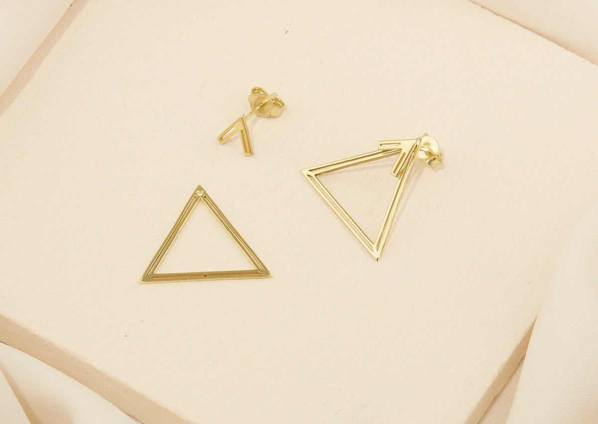 14K Gold Ear Jacket Earrings, Triangle Earring, Dainty Double Geometric Earrings, Special Design Earrings by NeckaceDreamWorld in Silver