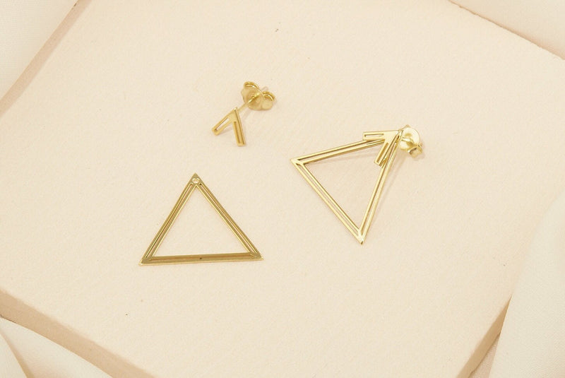 14K Gold Ear Jacket Earrings, Triangle Earring, Dainty Double Geometric Earrings, Special Design Earrings by NeckaceDreamWorld in Silver