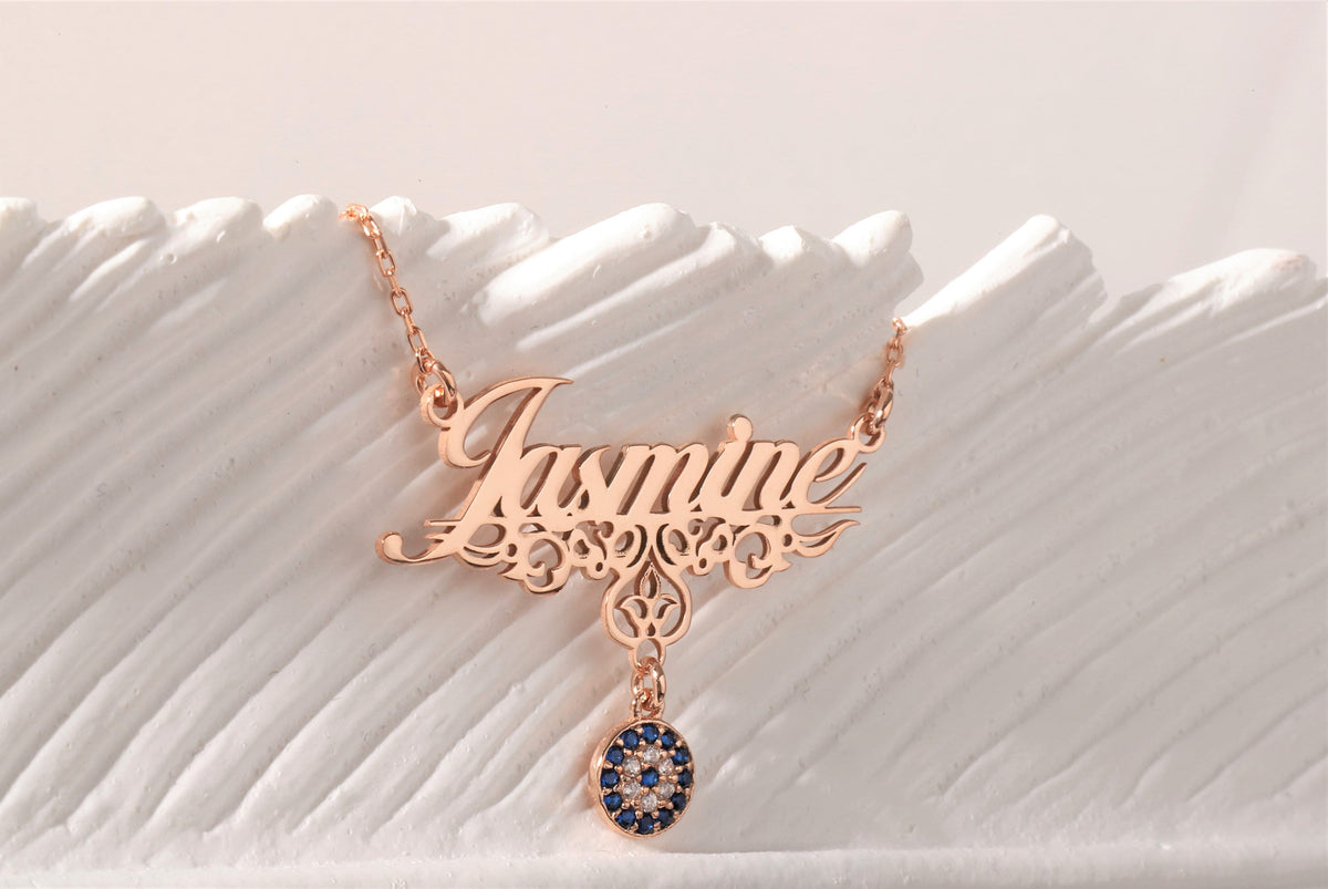 Personalized Evil Eye Name Necklace Gold, Silver Handmade Jewelry | Custom add on Birthstones by NecklaceDreamWorld