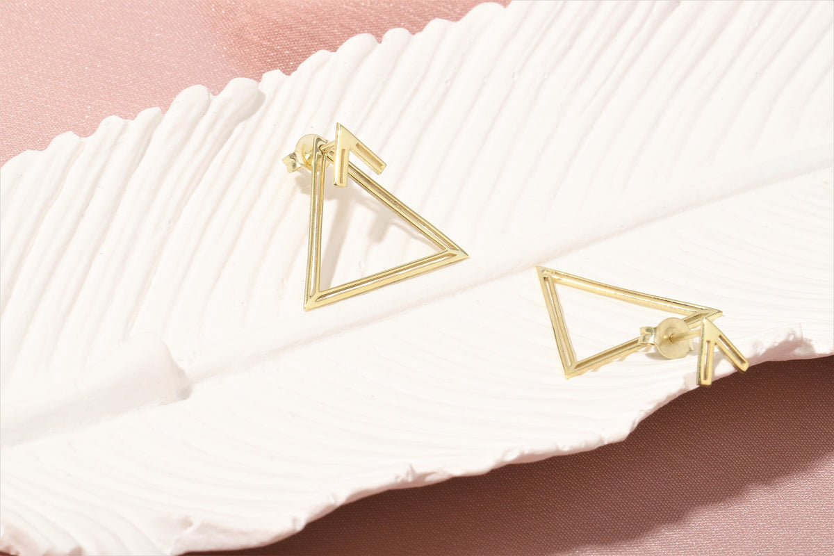 14K Gold Ear Jacket Earrings, Triangle Earring, Dainty Double Geometric Earrings, Special Design Earrings by NeckaceDreamWorld in Silver