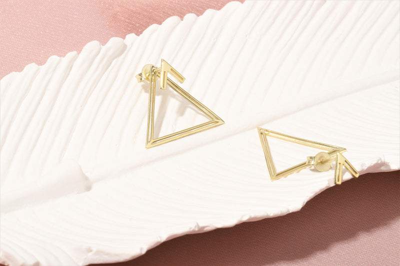 14K Gold Ear Jacket Earrings, Triangle Earring, Dainty Double Geometric Earrings, Special Design Earrings by NeckaceDreamWorld in Silver