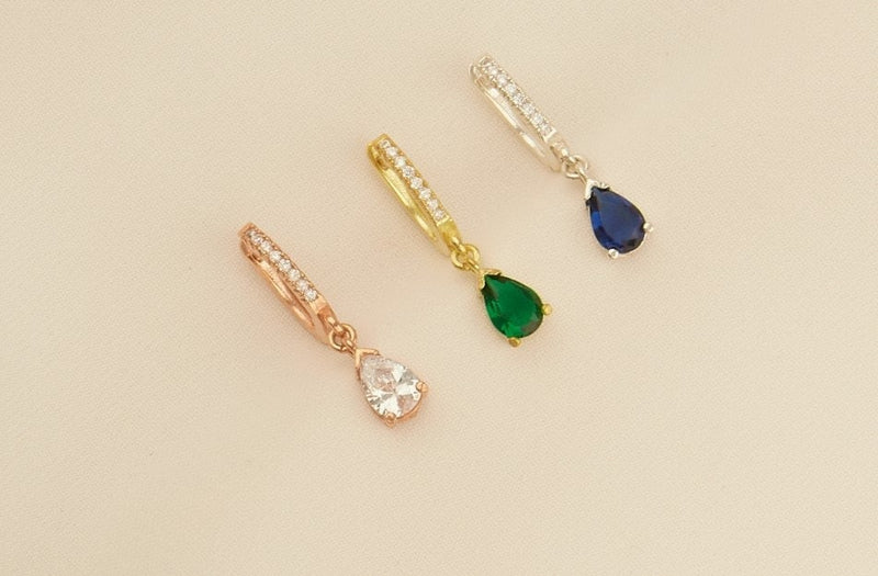 Amethyst, Emerald, Ruby, Sapphire, Diamond Drop Earrings in Sterling Silver, Gold and Rose Gold, Dangling Gemstone - Birthstone Charms