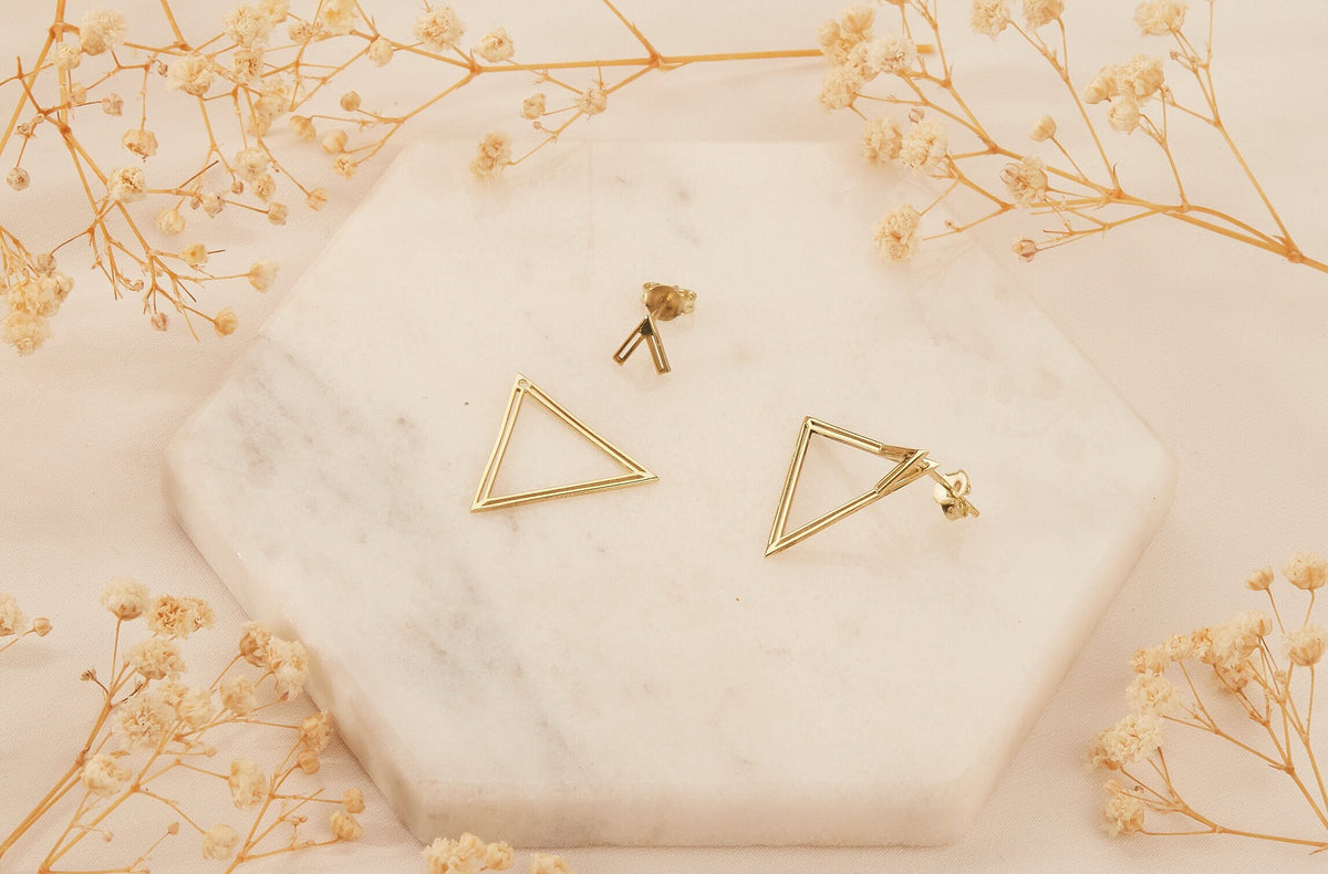 14K Gold Ear Jacket Earrings, Triangle Earring, Dainty Double Geometric Earrings, Special Design Earrings by NeckaceDreamWorld in Silver