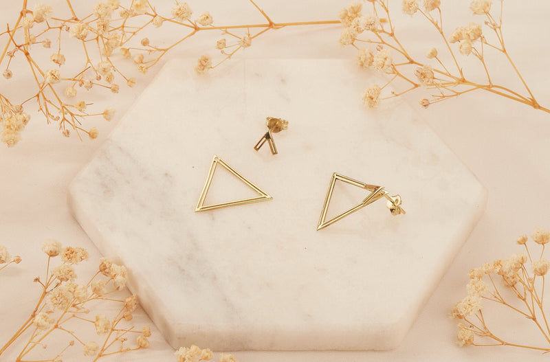 14K Gold Ear Jacket Earrings, Triangle Earring, Dainty Double Geometric Earrings, Special Design Earrings by NeckaceDreamWorld in Silver