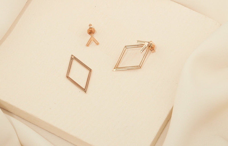 14K Rose Gold Ear Jacket Rhombus Earrings, Geometric Earring, Dainty Pair Earrings, Special Design Earrings by NeckaceDreamWorld