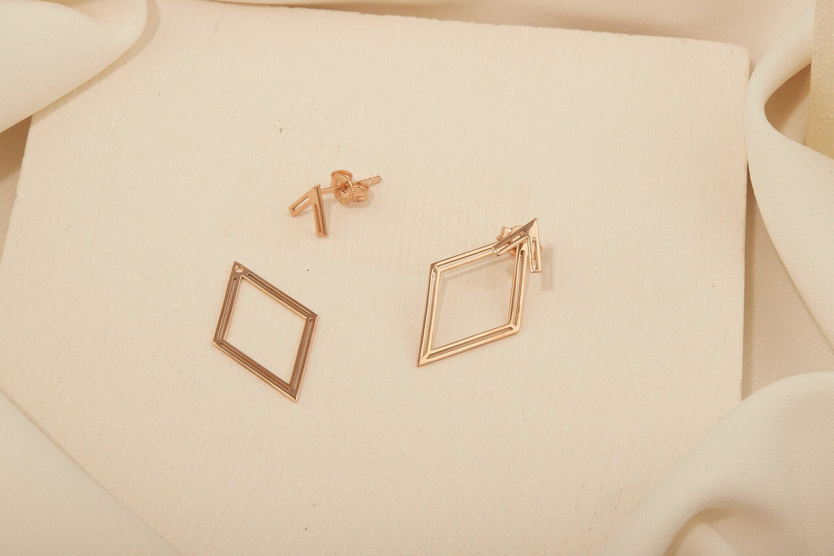 14K Rose Gold Ear Jacket Rhombus Earrings, Geometric Earring, Dainty Pair Earrings, Special Design Earrings by NeckaceDreamWorld