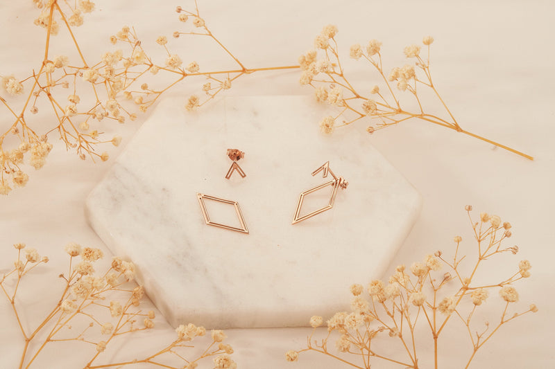 14K Rose Gold Ear Jacket Rhombus Earrings, Geometric Earring, Dainty Pair Earrings, Special Design Earrings by NeckaceDreamWorld
