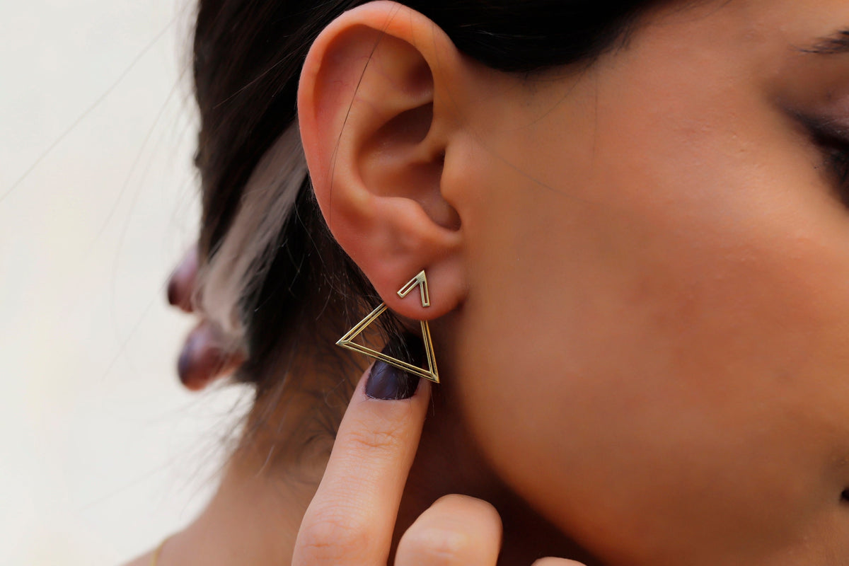14K Gold Ear Jacket Earrings, Triangle Earring, Dainty Double Geometric Earrings, Special Design Earrings by NeckaceDreamWorld in Silver