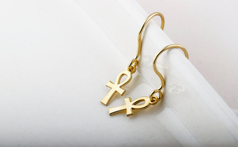 Handmade Ancient Ankh Symbol Earrings in 14K Gold, Sterling Silver and Rose Gold, Key of Life Egyptian Jewelry by NecklaceDreamWorld