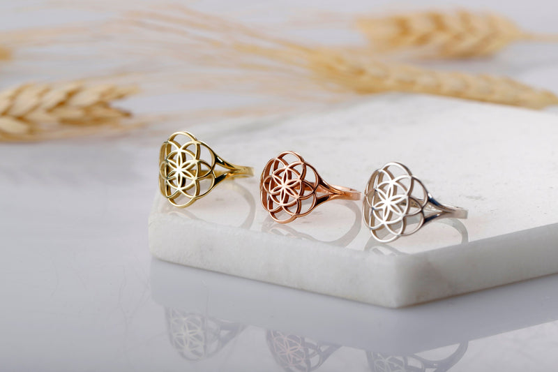 Handmade 14K Solid Gold Flower of Life Rings • Mandala Ring Rose Gold • Seed of Life Jewelry White Gold • Sacred Geometry Gifts