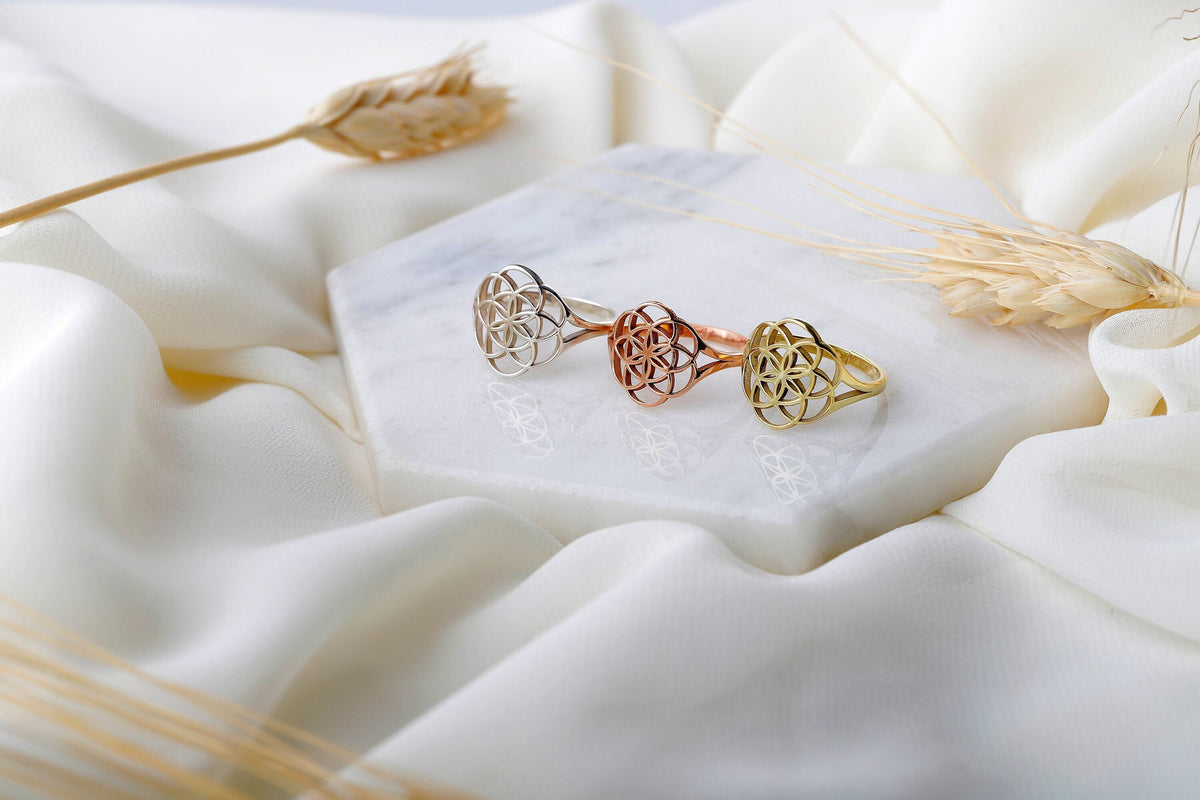 Handmade 14K Solid Gold Flower of Life Rings • Mandala Ring Rose Gold • Seed of Life Jewelry White Gold • Sacred Geometry Gifts
