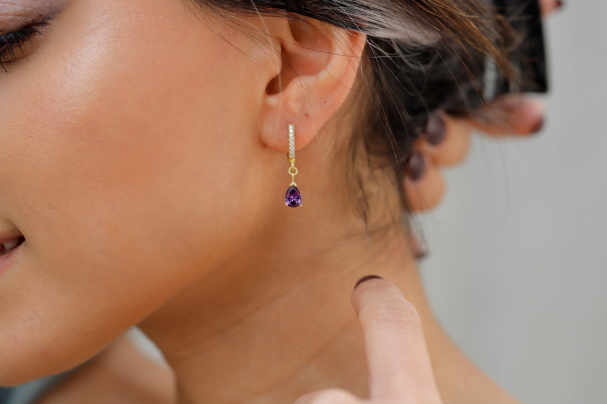 Amethyst, Emerald, Ruby, Sapphire, Diamond Drop Earrings in Sterling Silver, Gold and Rose Gold, Dangling Gemstone - Birthstone Charms