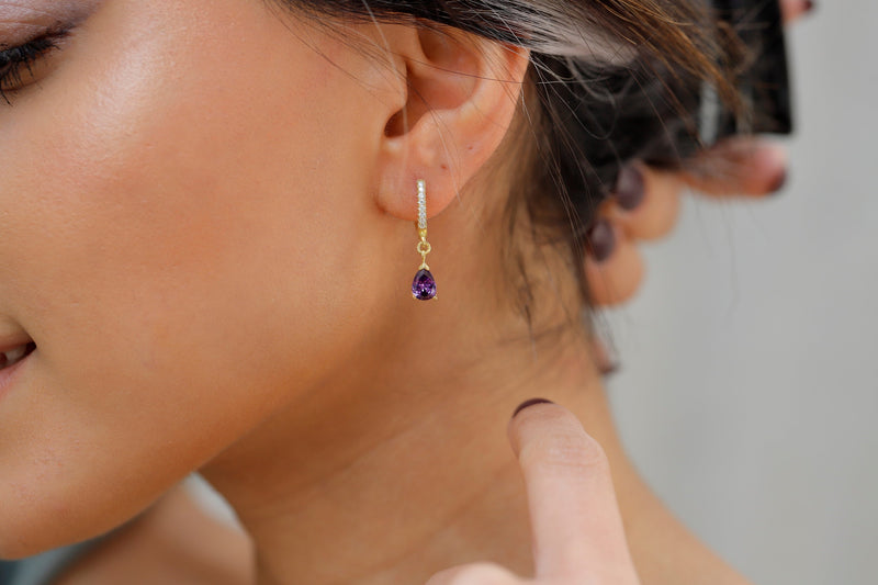 Amethyst, Emerald, Ruby, Sapphire, Diamond Drop Earrings in Sterling Silver, Gold and Rose Gold, Dangling Gemstone - Birthstone Charms