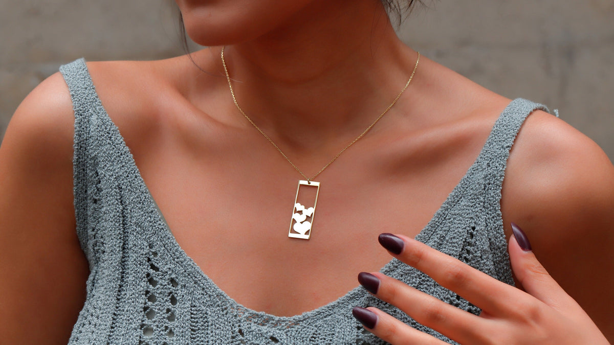 14K Gold Rectangle Frame Necklace with Heart Waves by NecklaceDreamWorld, Everyday Delicate Jewelry in Gold, Sterling Silver and Rose Gold