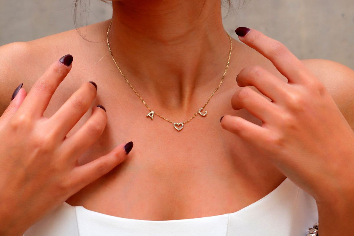 Cute Dainty Two Initial Pave Necklace with Diamond Heart • Custom Tiny Letter Necklace • Personalized Minimal Jewelry Christmas Gifts