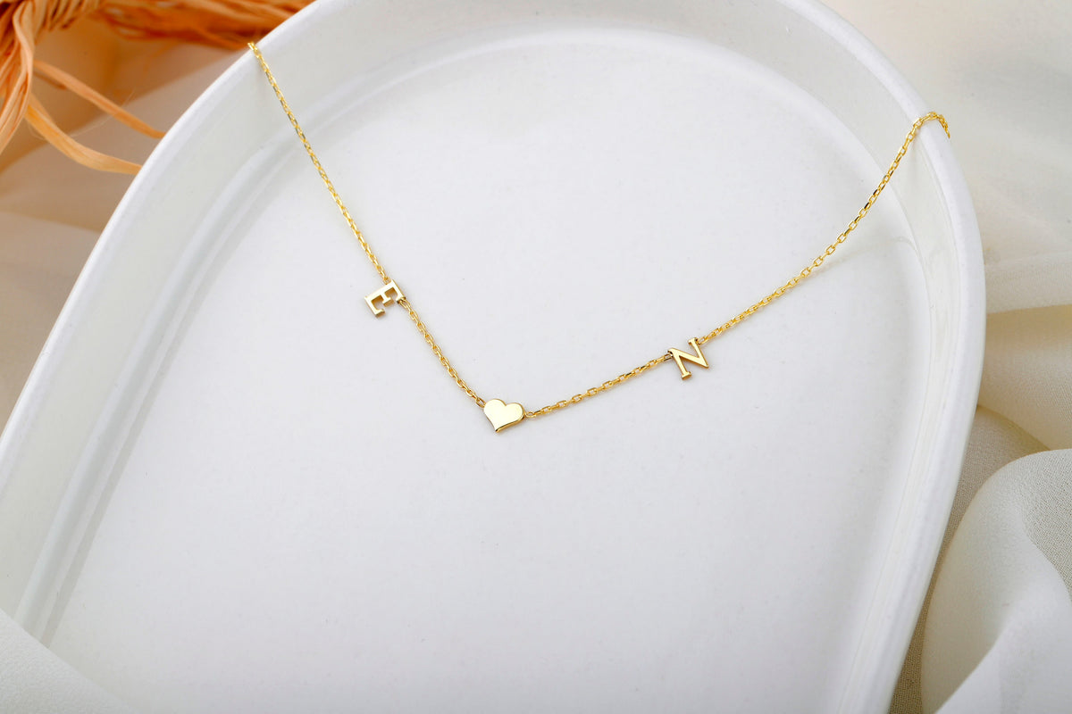14K Solid Gold Choker Two Initial Heart Necklace • Personalized Custom Letter Necklace • Two Tiny Double Initial Jewelry with Heart