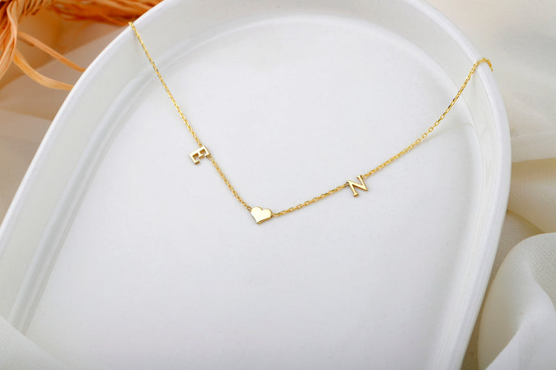 14K Solid Gold Choker Two Initial Heart Necklace • Personalized Custom Letter Necklace • Two Tiny Double Initial Jewelry with Heart