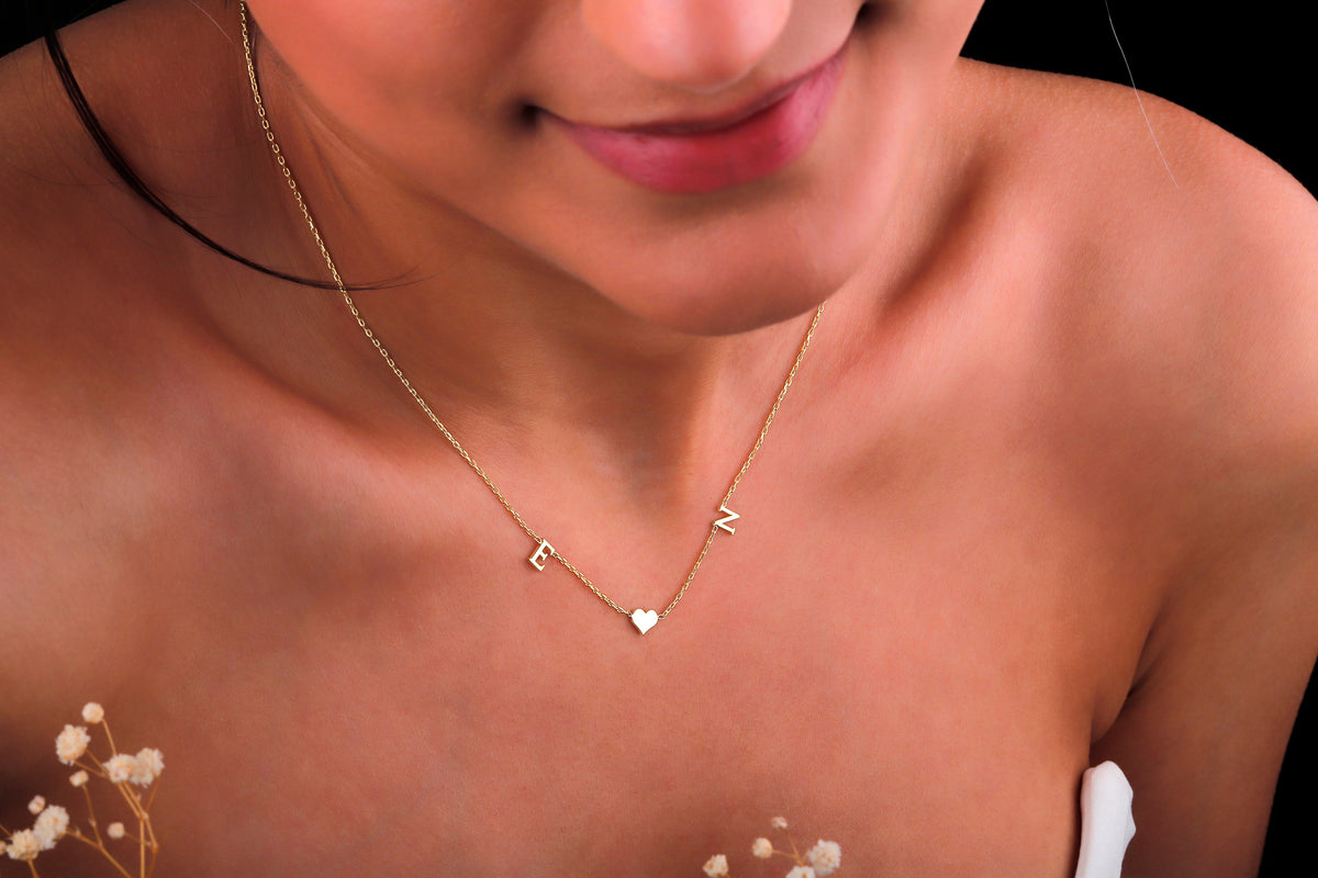 14K Solid Gold Choker Two Initial Heart Necklace • Personalized Custom Letter Necklace • Two Tiny Double Initial Jewelry with Heart