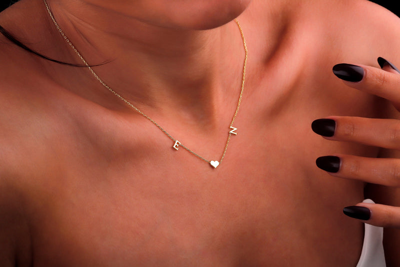 14K Solid Gold Choker Two Initial Heart Necklace • Personalized Custom Letter Necklace • Two Tiny Double Initial Jewelry with Heart