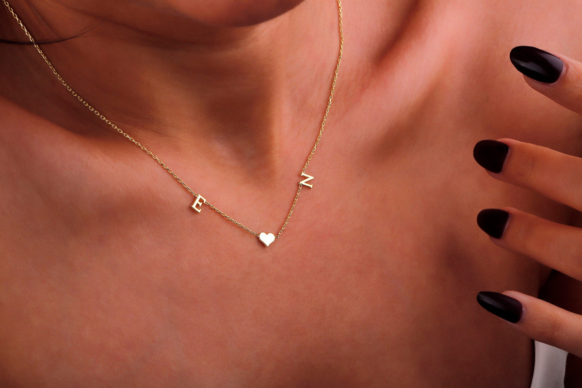 14K Solid Gold Choker Two Initial Heart Necklace • Personalized Custom Letter Necklace • Two Tiny Double Initial Jewelry with Heart