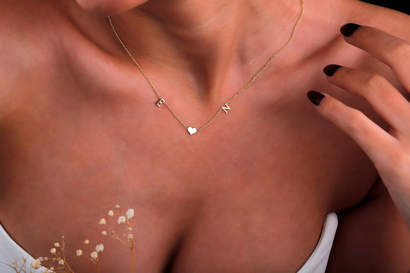 14K Solid Gold Choker Two Initial Heart Necklace • Personalized Custom Letter Necklace • Two Tiny Double Initial Jewelry with Heart