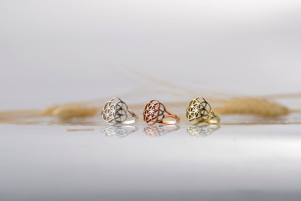 Handmade 14K Solid Gold Flower of Life Rings • Mandala Ring Rose Gold • Seed of Life Jewelry White Gold • Sacred Geometry Gifts