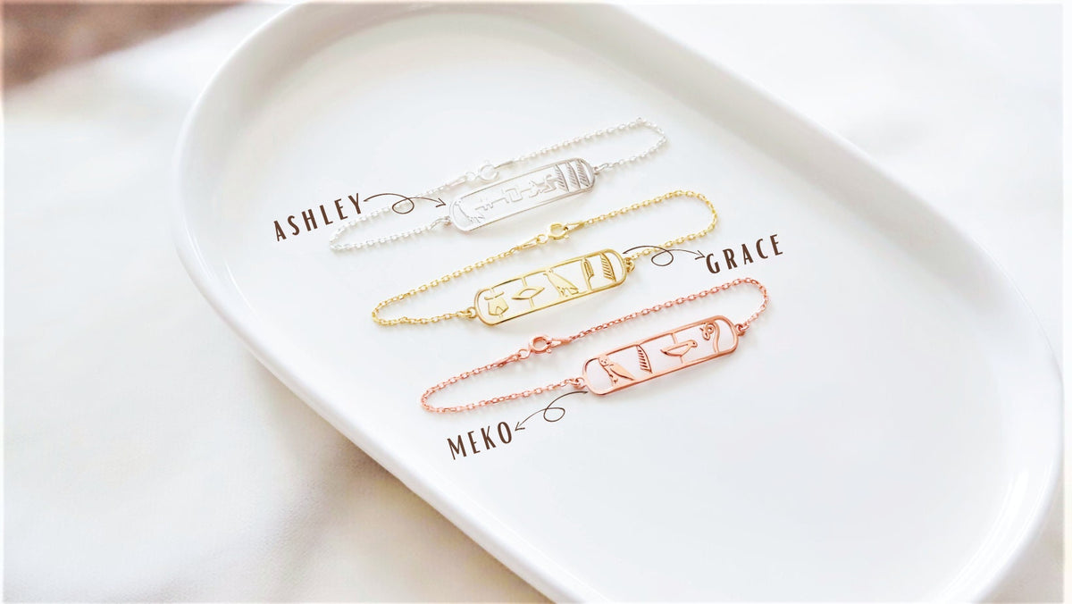 Customized Anubis Bastet Sekhmet Goddess Hieroglyph Bracelet, Gold Egyptian Jewelry by NecklaceDreamWorld, Unique Cartouche Bracelet Gifts