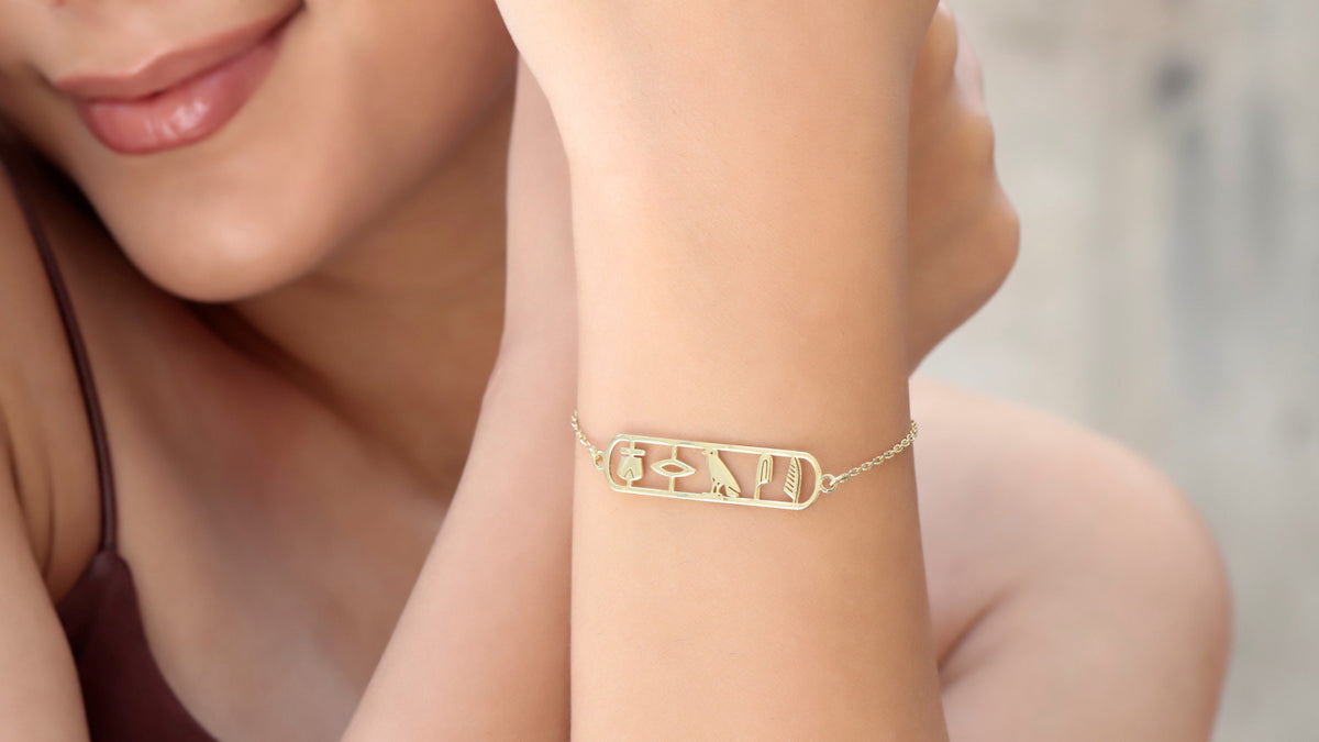 Customized Anubis Bastet Sekhmet Goddess Hieroglyph Bracelet, Gold Egyptian Jewelry by NecklaceDreamWorld, Unique Cartouche Bracelet Gifts