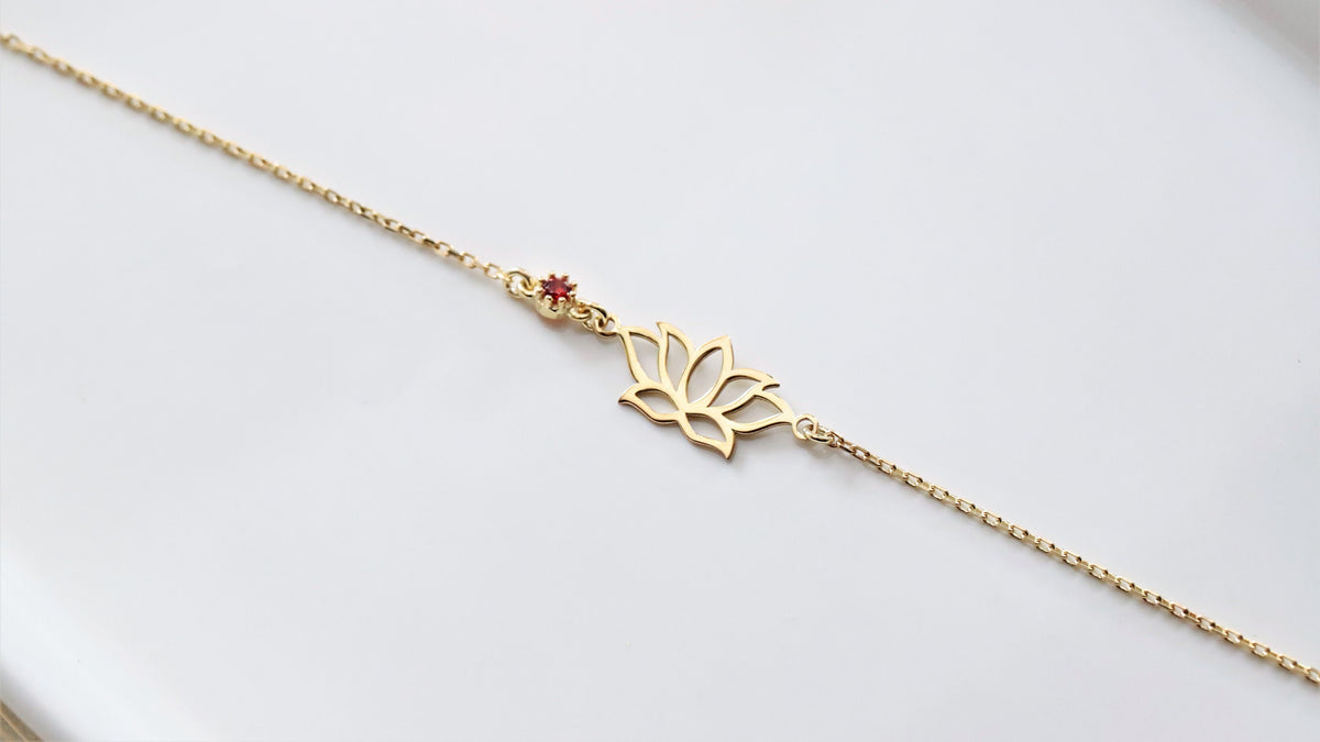 Dainty Gold Friendship Lotus Flower Bracelet, Birthstone-Gemstone add on, Couples Silver, Gold and Rose Gold Jewelry by NecklaceDreamWorld