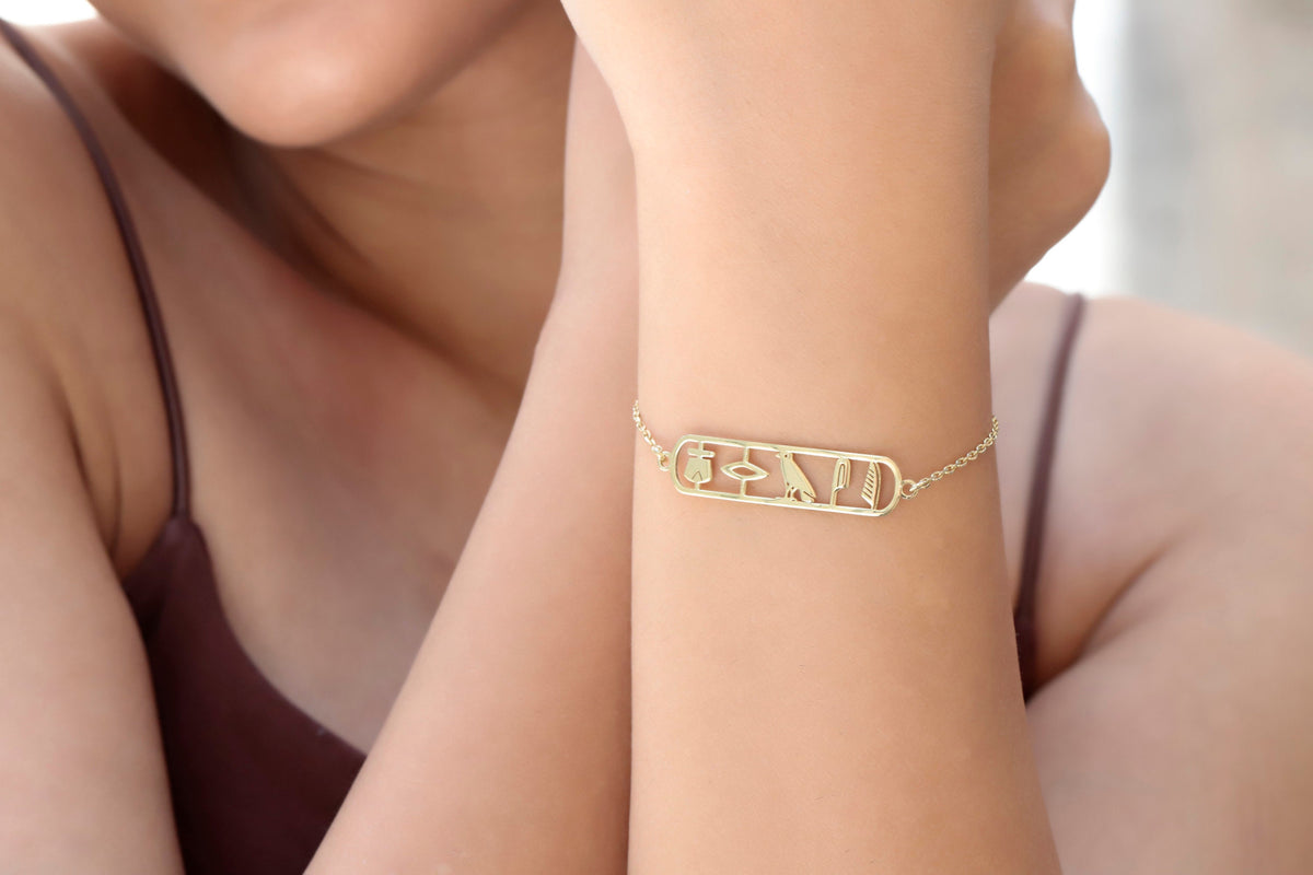 Customized Anubis Bastet Sekhmet Goddess Hieroglyph Bracelet, Gold Egyptian Jewelry by NecklaceDreamWorld, Unique Cartouche Bracelet Gifts
