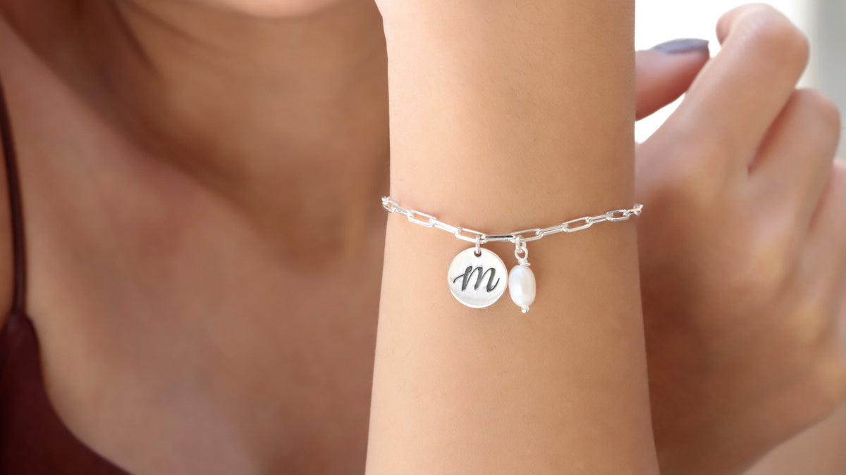 Dainty Personalized Team Bride Bracelet with White Fresh Pearl in Sterling Silver, Gold and Rose Gold by NecklaceDreamWorld