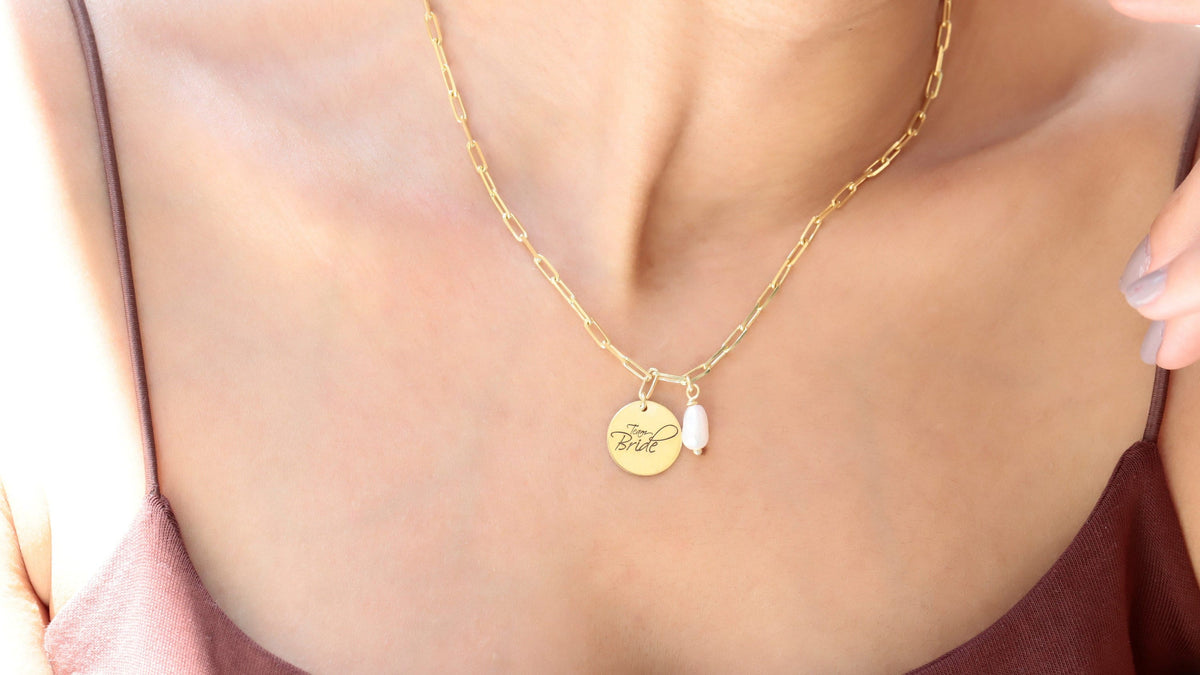 Team Bride Necklace, Bridesmaid Proposal Gifts, Thank you Gifts with Trendy Paper Clip Chain and Pearl, Link Chain Necklace Everyday Jewelry